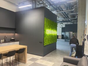 CBRE Baltics kontori mätassamblikust sein valgustatud logoga. Akustiline sein.