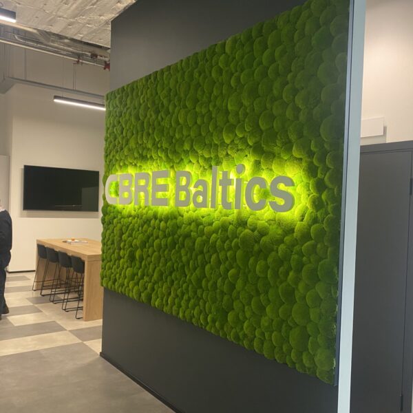 CBRE Baltics kontori mätassamblikust sein valgustatud logoga. Akustiline sein.