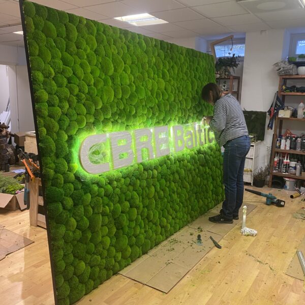 CBRE Baltics kontori mätassamblikust sein valgustatud logoga. Akustiline sein.